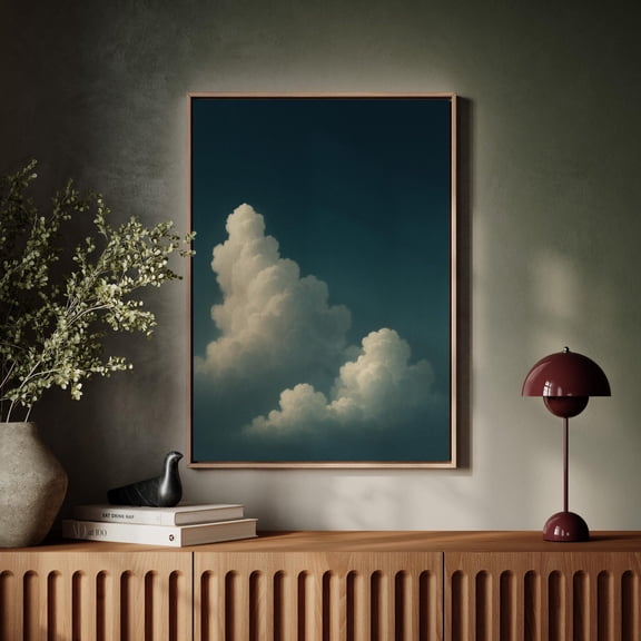 Minimalist Cloudscape Wall Poster – Soft Towering Clouds On Teal Sky – Dreamy Atmospheric Print For Modern Neutral Decor, Art Print, Vintage Poster, Interior Print, Unfreamed 8x10