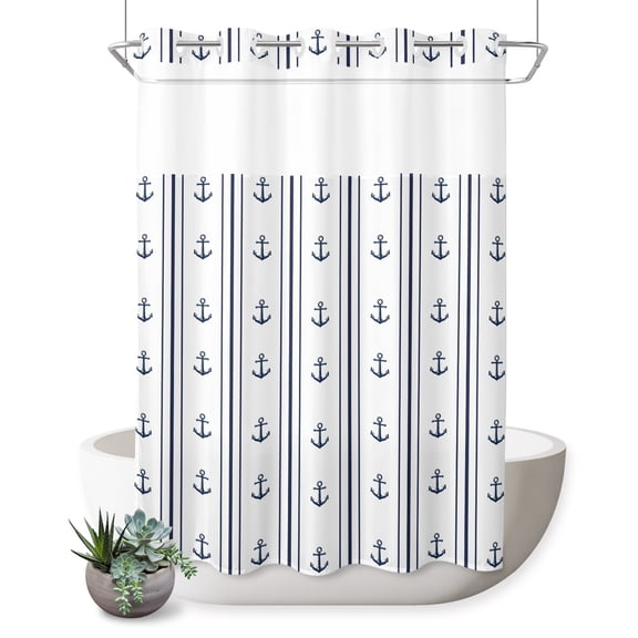 Minimalist Coastal No Hook Shower Curtain Navy Blue White Anchor Nautical Striped Shower Curtain with See Through Top Window, Waterproof Washable Fabric Curtain for Bathroom Hotel Decor, 48Wx72L