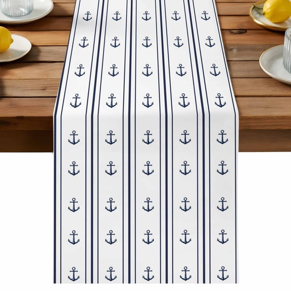 Minimalist Coastal Table Runner, Navy Blue White Anchor Nautical Striped Cotton Linen Kitchen Dining Table Runner Home Decor for Party Festival Holiday Decoration Gift 13x36in