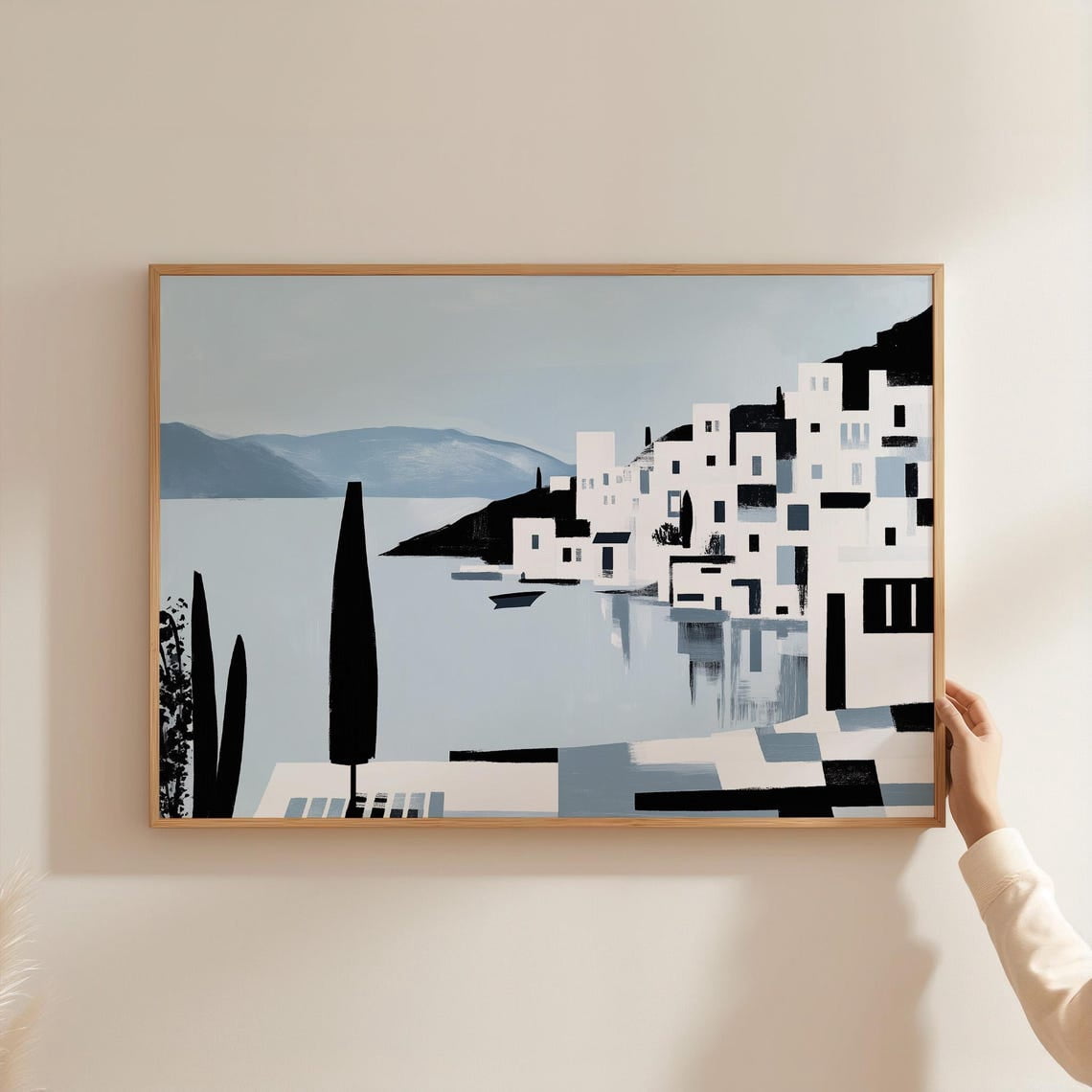 Curated visual reference: Minimalist Coastal Village Print Black And White Mediterranean Art Modern Photo Inspiration