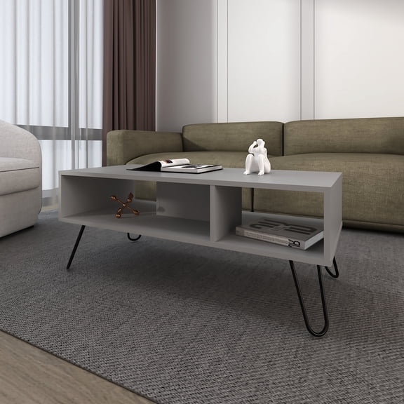 Minimalist Coffee Desk With Shelves, Smoke, Hairpin Leg Construction Storage Table, Legs For Extra Space