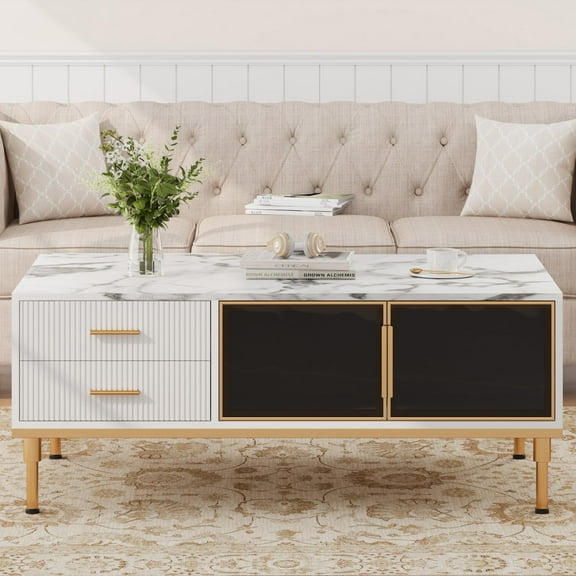 Minimalist Coffee Table with Faux Marble Surface, Glass Storage Doors, Metal Frame – Black and White Modern Living Room Table