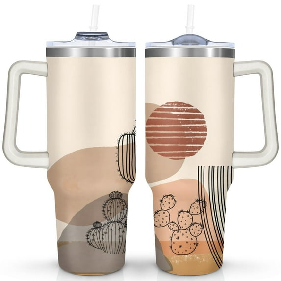 Minimalist Color Block Cactus 40 Oz Tumbler with Handle Lid and Straw, Stainless Steel Double Walled Vacuum Insulated Cup, Cute Birthday Gifts Tumbler for Women Men Friends