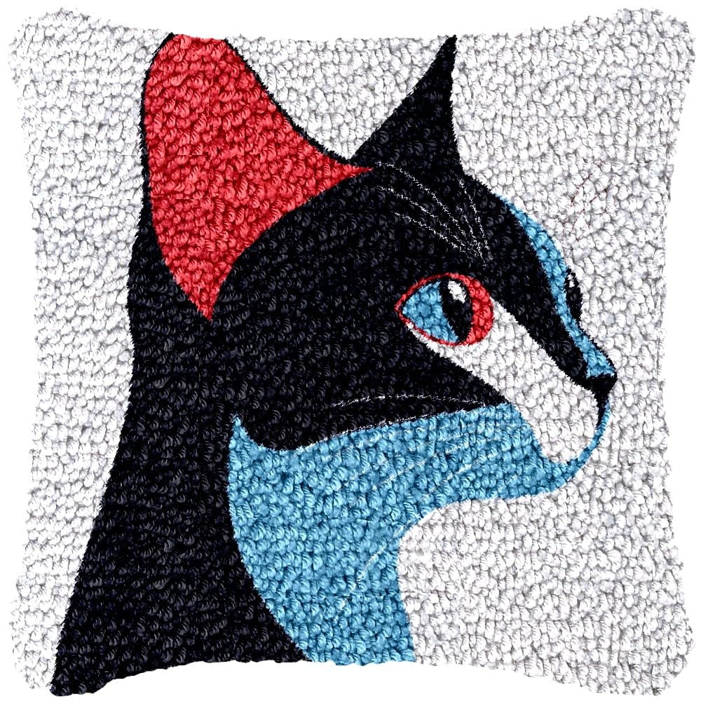 Minimalist Colorful Cat Latch Hook Pillow Kits DIY Pillowcase Cushtion Cover Crochet Hooking Pillow Making Kits with Color Pattern Canvas Crochet Hooking Kits Pillow 43x43cm(j14)