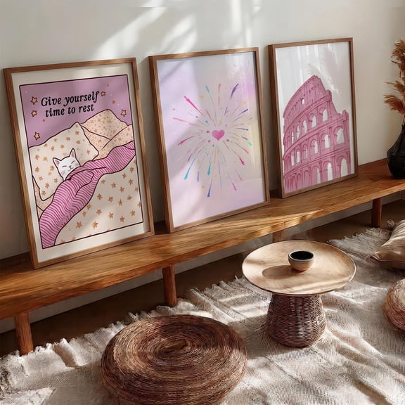 Minimalist Colosseum Framed Print Pink Rome Landmark Wall Art Travel Decor Set 3
