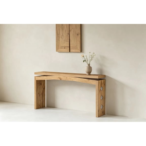 Minimalist Console Table with Floating Curved Crossbeam & Geometric Inlay, Slim Entryway Sofa Back Hallway Stand, Space Saving Wood