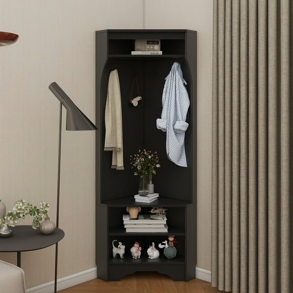 Minimalist Corner Hall Tree with Shoe Bench, Versatile Entryway Coat Rack with 4 Hooks, Corner Cabinet with Adjustable Shelf for Hallway, Living Room, Black, 29.5''W*71.6''H