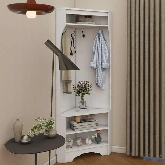 Minimalist Corner Hall Tree with Shoe Bench, Versatile Entryway Coat Rack with 4 Hooks, Corner Cabinet with Adjustable Shelf for Hallway, Living Room, White, 29.5''W*71.6''H