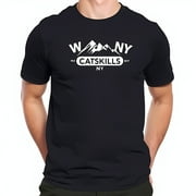 YIDUO Minimalist Cotton Short Sleeve T-Shirt with Range Graphic & 'CATSKILLS NY' Banner