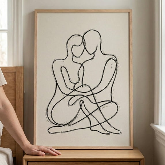 Minimalist Couple Line Sketch Lovers Hugging Romantic Bedroom Line ...
