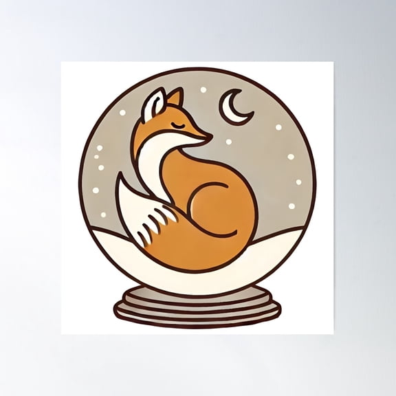 Minimalist Cozy Fox In Snow Globe Poster Wall Art, Modern Wall Decor For Living Room Bedroom, 16X16 UNFRAMED