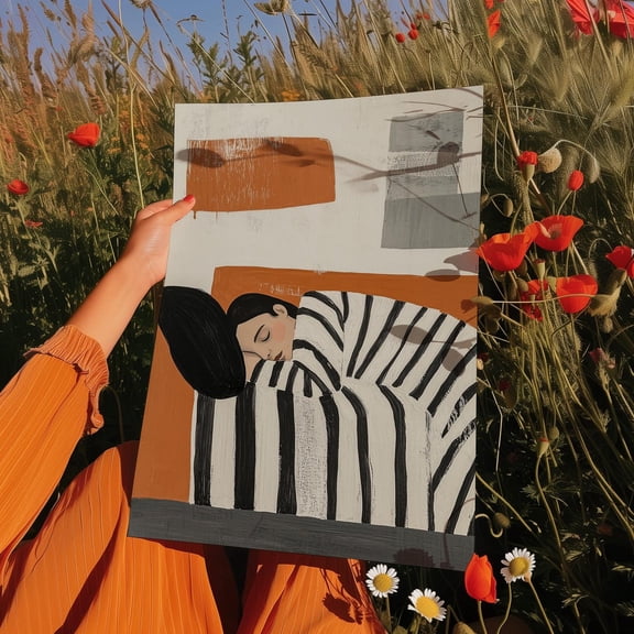 Minimalist Cozy Girl Sleeping Print, Black And White Stripedmodern Bedroom Decor, Peaceful Design, Cozy Home Aesthetic Gift Wall Art, Modern Wall Decor, 12x18 UNFRAMED