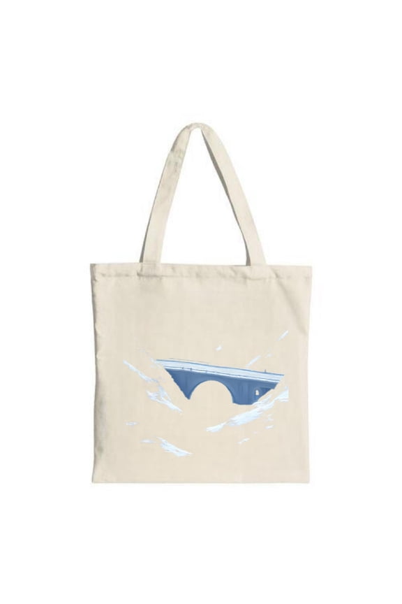 Minimalist Cream Tote Bag with Blue Arch Bridge Design Surrounded by Abstract White Shapes - Perfect for Shopping Travel & Parties