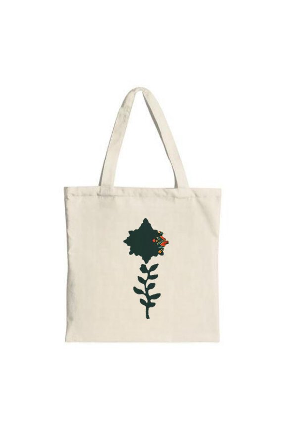 Minimalist Cream Tote Bag with Dark Green Flower & Leaf Stem Stylish Canvas Bag for Eco-Friendly Shopping Travel & Parties