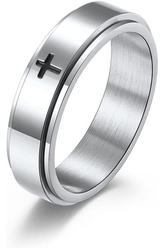 Minimalist Cross Christian Jesus Christ Lord Prayer Rotating Stress Relief Spinner Fidget Band Rings for Men Women Anxiety Finger Rotate Stainless Steel Fashion Cool Ring Birthday Gifts