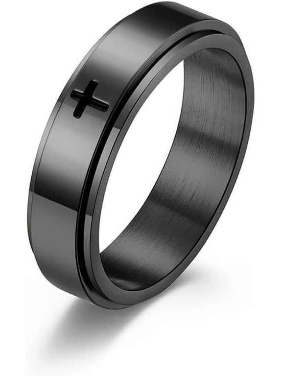 Minimalist Cross Christian Jesus Christ Lord Prayer Rotating Stress Relief Spinner Fidget Band Rings for Men Women Anxiety Finger Rotate Stainless Steel Fashion Cool Ring Birthday Gifts
