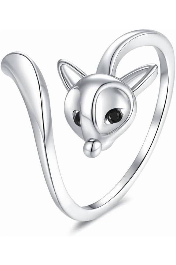 Minimalist Crystal Fox Head Open Ring for Women Silver Gold-Toned Adjustable Stacking Animal Tail Band Wrap Finger Rings Comfort Fit Simple Fashion Holiday Halloween Jewelry