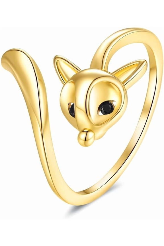 Minimalist Crystal Fox Head Open Ring for Women Silver Gold-Toned Adjustable Stacking Animal Tail Band Wrap Finger Rings Comfort Fit Simple Fashion Holiday Halloween Jewelry