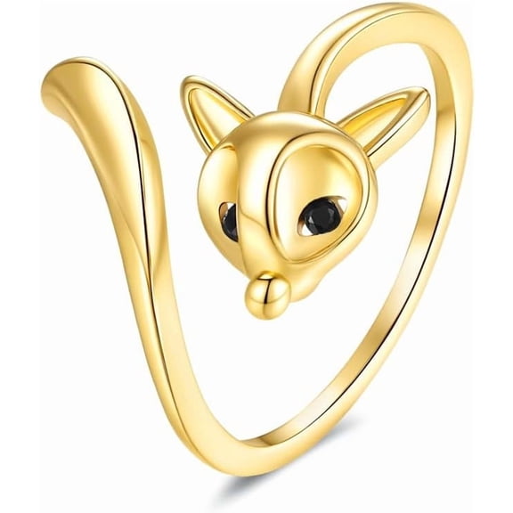 Minimalist Crystal Fox Head Open Ring for Women Silver Gold-Toned Adjustable Stacking Animal Tail Band Wrap Finger Rings Comfort Fit Simple Fashion Holiday Halloween Jewelry