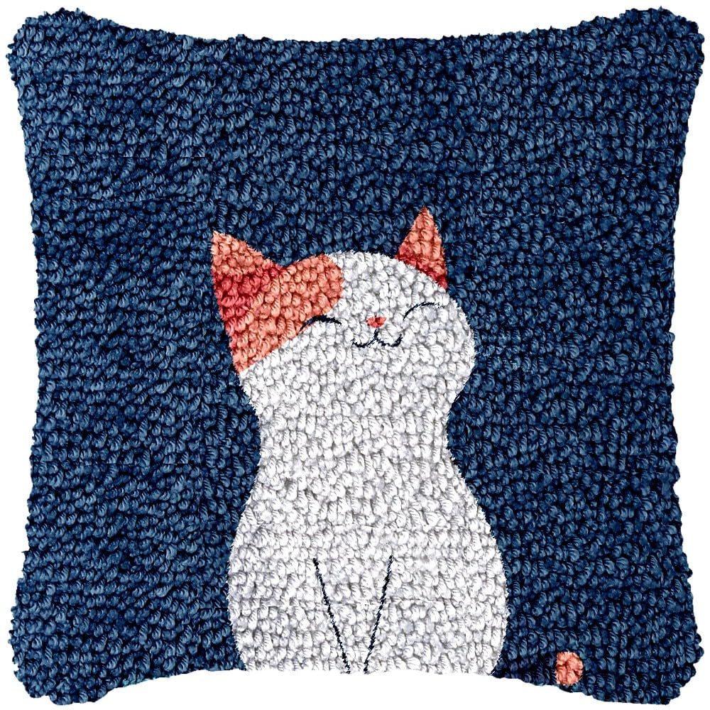 Minimalist Cute Cat Latch Hook Pillow Kits DIY Pillowcase Cushtion Cover Crochet Hooking Pillow Making Kits with Color Pattern Canvas Crochet Hooking Kits Pillow 43x43cm(j16)