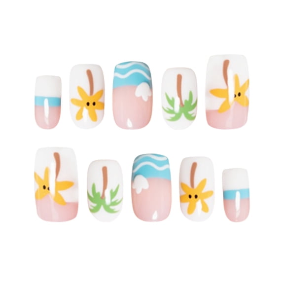 Minimalist Cute Floral French Tip Nails Set Featuring Coconut Tree Designs for a Fresh Ideal for Enthusiasts and Everyday Use 24PCS