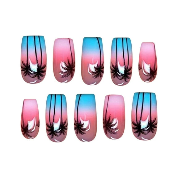 Minimalist Cute Floral French Tip Set With Coconut Tree Designs for Lovers - Accessory for Fresh Manicure 24PCS