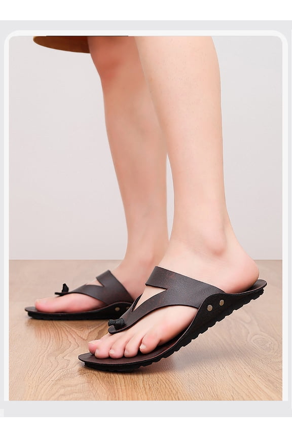 Minimalist Cutout Leather Flip Flops Light Flat Contoured Insole Lightweight Daily Walking Trainers
