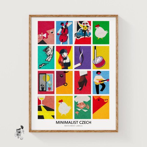 Minimalist Czechia Matchbox Label Collage Czech Wordless Graphic Grid Mid Century Ephemera Wall Art