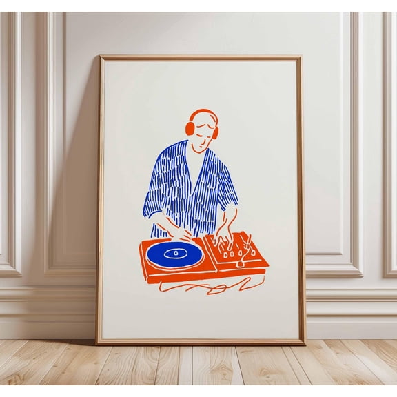 Minimalist DJ Turntable Poster Red and Blue Music Print