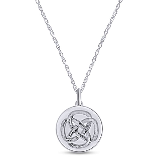 Minimalist Dainty Tiny Celtic Knot Disc Pendant Neklace In 14k White Gold Over Sterling Silver Along With 18" Rope Chain