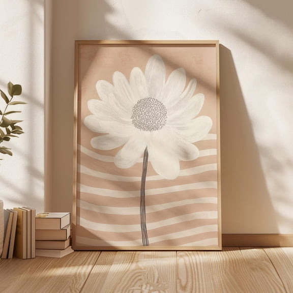 Minimalist Daisy Flower Art Print, Beige And White Floral, Modern Botanical Simple Nature-Inspired Artwork Wall Art, Modern Wall Decor, 8x12 UNFRAMED