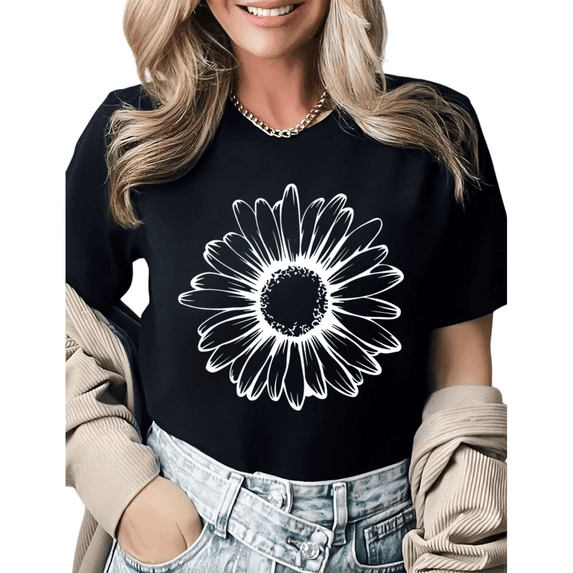 Minimalist Daisy Line Art Graphic Tees Womans T-shirt Black/White S-5XL Shirts Floral Nature Tops
