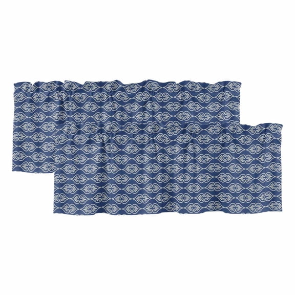 Minimalist Damask Scroll 2 Panels Kitchen Valance, Classic Floral Vines Denim Blue Curtains Valances for Small Windows Rod Pocket Window Treatments for Living Room Bedroom 42" W x 12" L