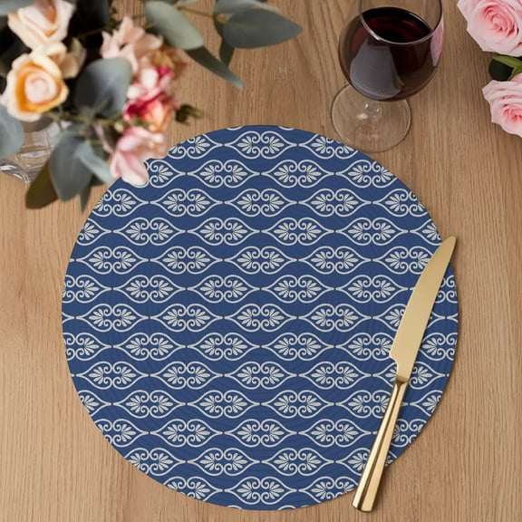Minimalist Damask Scroll Round Braided Placemats Set of 2, Classic Floral Vines Denim Blue Heat Insulation Place Mats Washable Non-Slip Table Mats for Kitchen Dining Party, 13 Inches