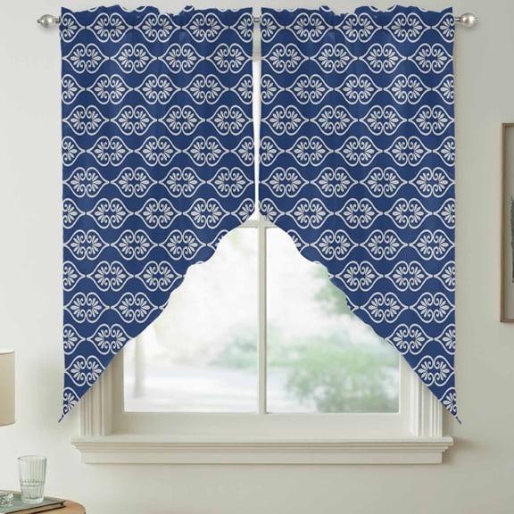 Minimalist Damask Scroll Swag Kitchen Curtain Valances, Classic Floral Vines Denim Blue Rod Pocket Curtains Window Treatment Decor Valances for Bedroom Bathroom, 2 Panels 36 x 36 Inch
