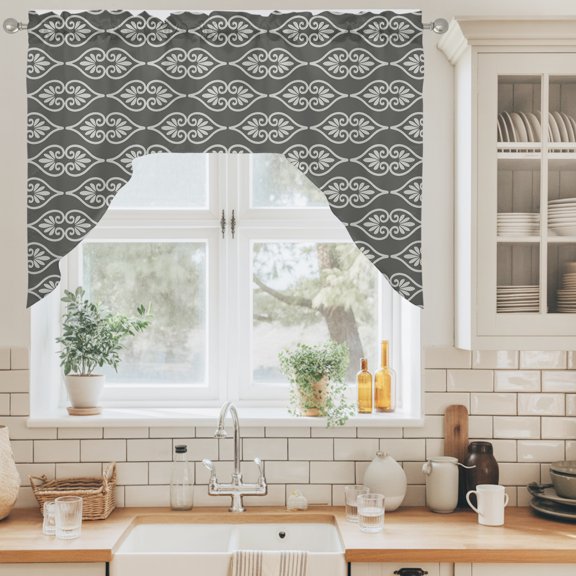 Minimalist Damask Scroll Swag Valance for Windows, Classic Floral Vines Gray Swag Curtains Valances for Small Window Treatment Rod Pocket for Kitchen Bathroom 1 Panel 56x36in