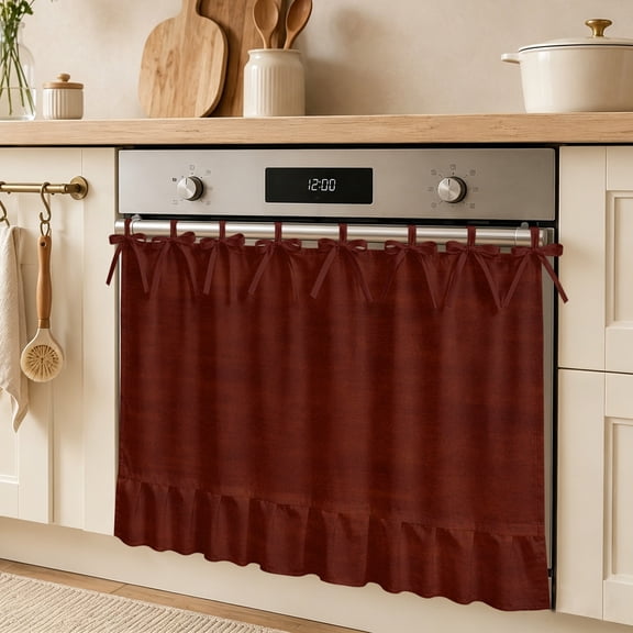 Minimalist Dark Red Oven Skirt Curtain, Vintage Art Distressed Pattern Farmhouse Tie Top Tier Curtains Stove Dishwasher Skirt Small Window Drapes for Kitchen Bathroom Cafe 27"x20"