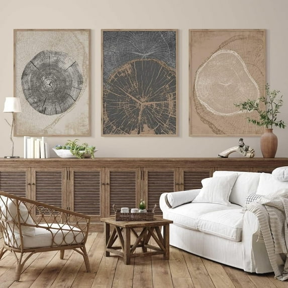 Minimalist Decor Abstract Tree Ring Wall Art Set Modern Beige Tree Ring Wall Art Framed Wall Art Canvas 3 Piece Wall Art for Living Room Bedroom with Inner Frame