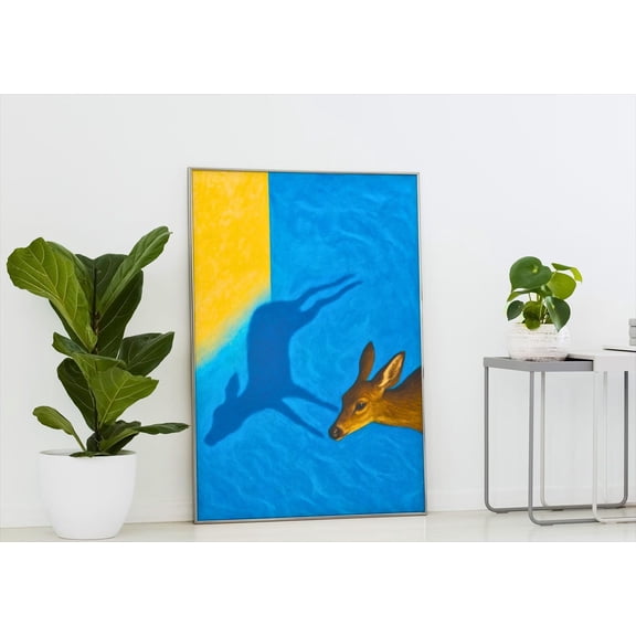 Minimalist Deer Shadow Art Poster: Surreal Blue & Yellow Wall Decor, Unframed Poster Size 12x18