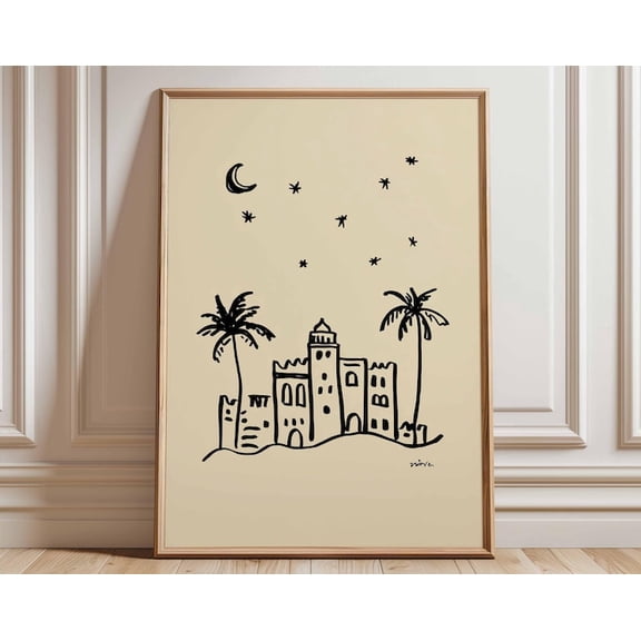 Minimalist Desert City Line Art Boho Palm Wall Art Print, Unframed Paper Poster 11x14in