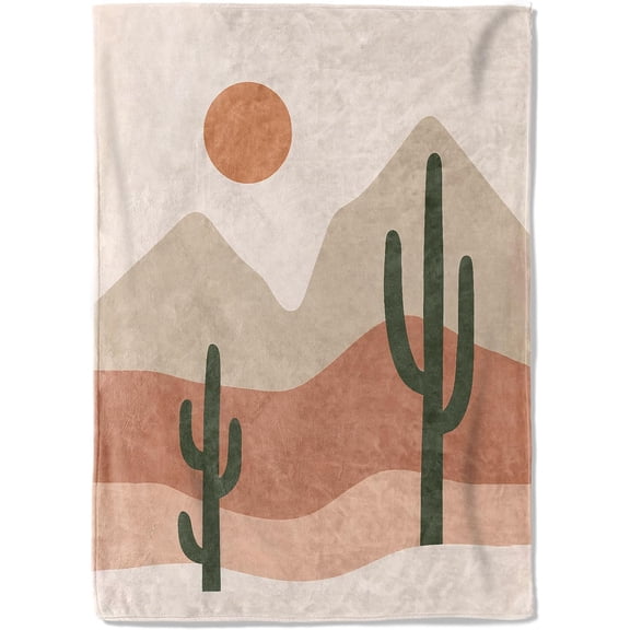 Minimalist Desert Landscape Fleece Blanket,60x80in,Boho Cactus and Mountain Art with Earth Tone Colors Throw Blankets,Soft Cozy Lightweight, Ideal for Bed Living Room Home Decor,Gifts