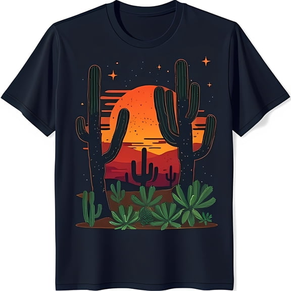 Minimalist Desert Sunset Shirt with Cactus Black Design