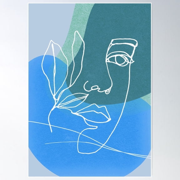 Minimalist Design Faces With Leaves Line Art Blue Poster Wall Art, Modern Wall Decor For Living Room Bedroom, 8x12 UNFRAMED