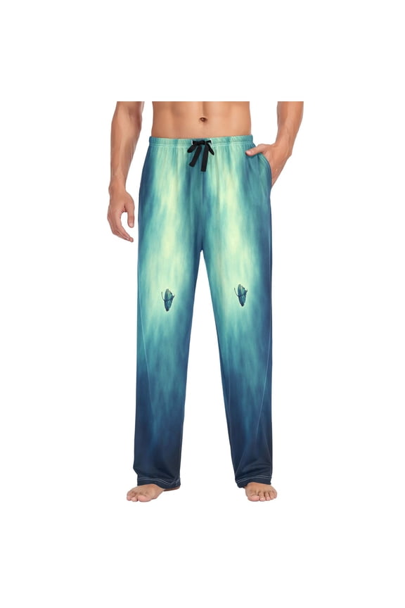 Minimalist Design Leaf Pattern Mens Cotton Pajama Pants Long Staple Lightweight Sleep Bottoms with Pockets Breathable