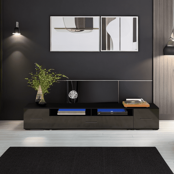 Minimalist Design TV Stand with Color Changing LED Lights, Modern Universal Entertainment Center, High Gloss TV Cabinet for 90+ inch TV, Extended