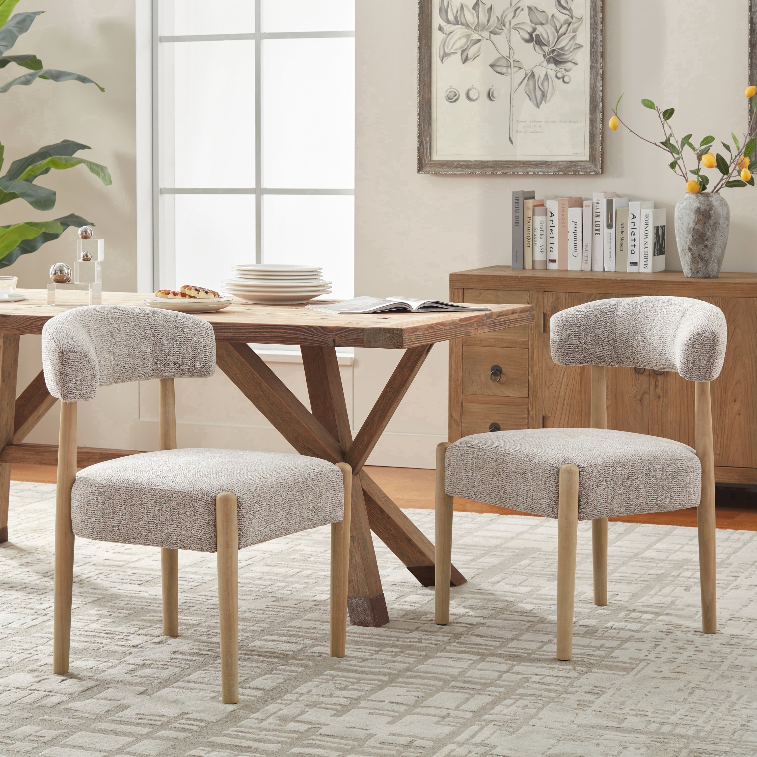 Vknow Furniture Minimalist Fabric Dining Chairs Set of 2 Solid Wood Legs Ergonomic Backrest for Dining Room Bedroom Study, Brown