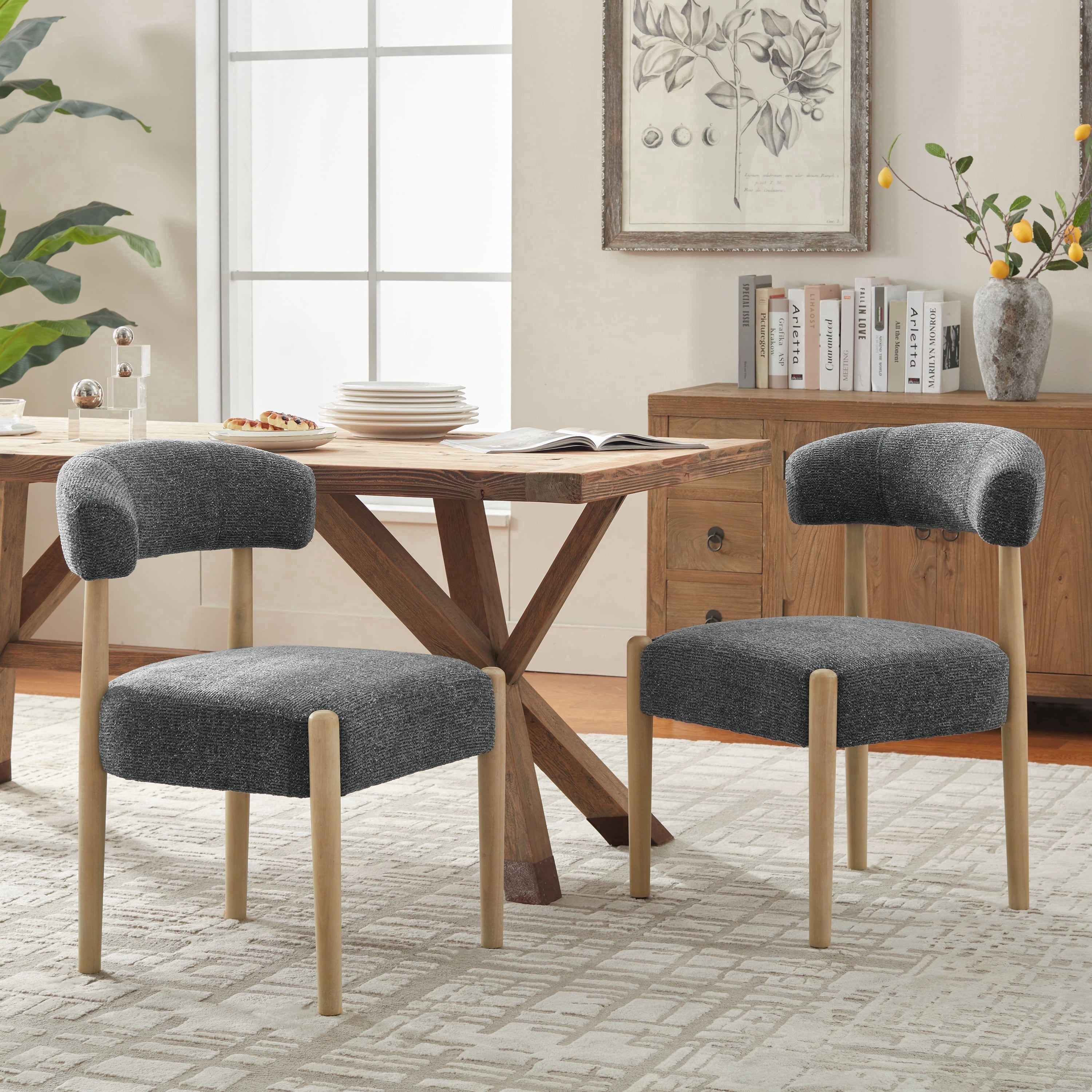 Vknow Furniture Minimalist Fabric Dining Chairs Set of 2 Solid Wood Legs Ergonomic Backrest for Dining Room Bedroom Study, Black