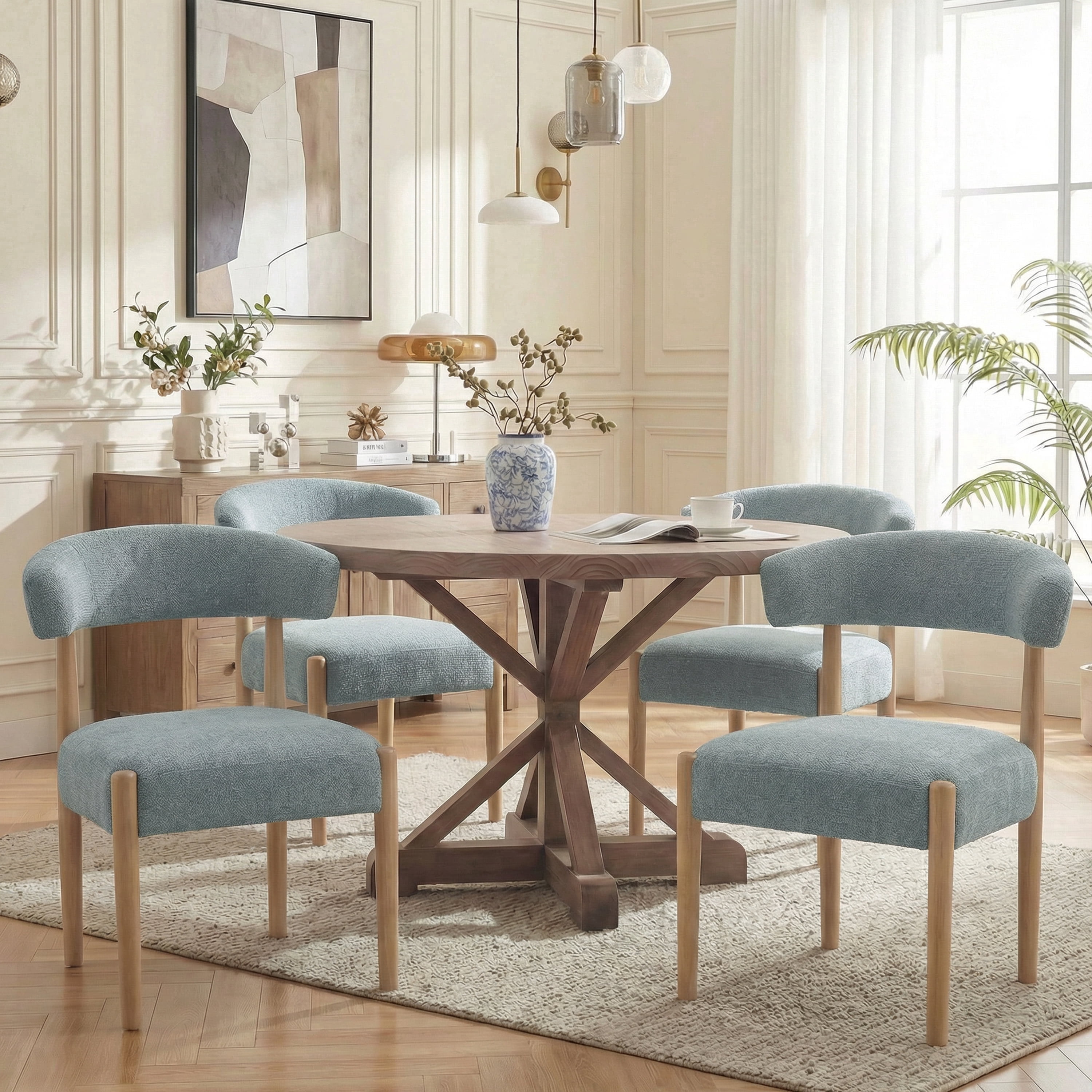 Vknow Furniture Minimalist Fabric Dining Chairs Set of 4 Solid Wood Legs Ergonomic Backrest for Dining Room Bedroom Study, Blue