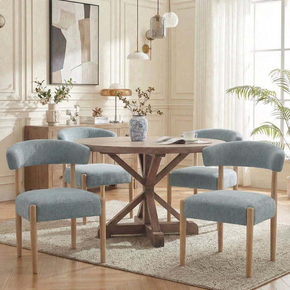 VKNOW Minimalist Fabric Dining Chairs Set of 4 Solid Wood Legs Ergonomic Backrest for Dining Room Bedroom Study, Blue