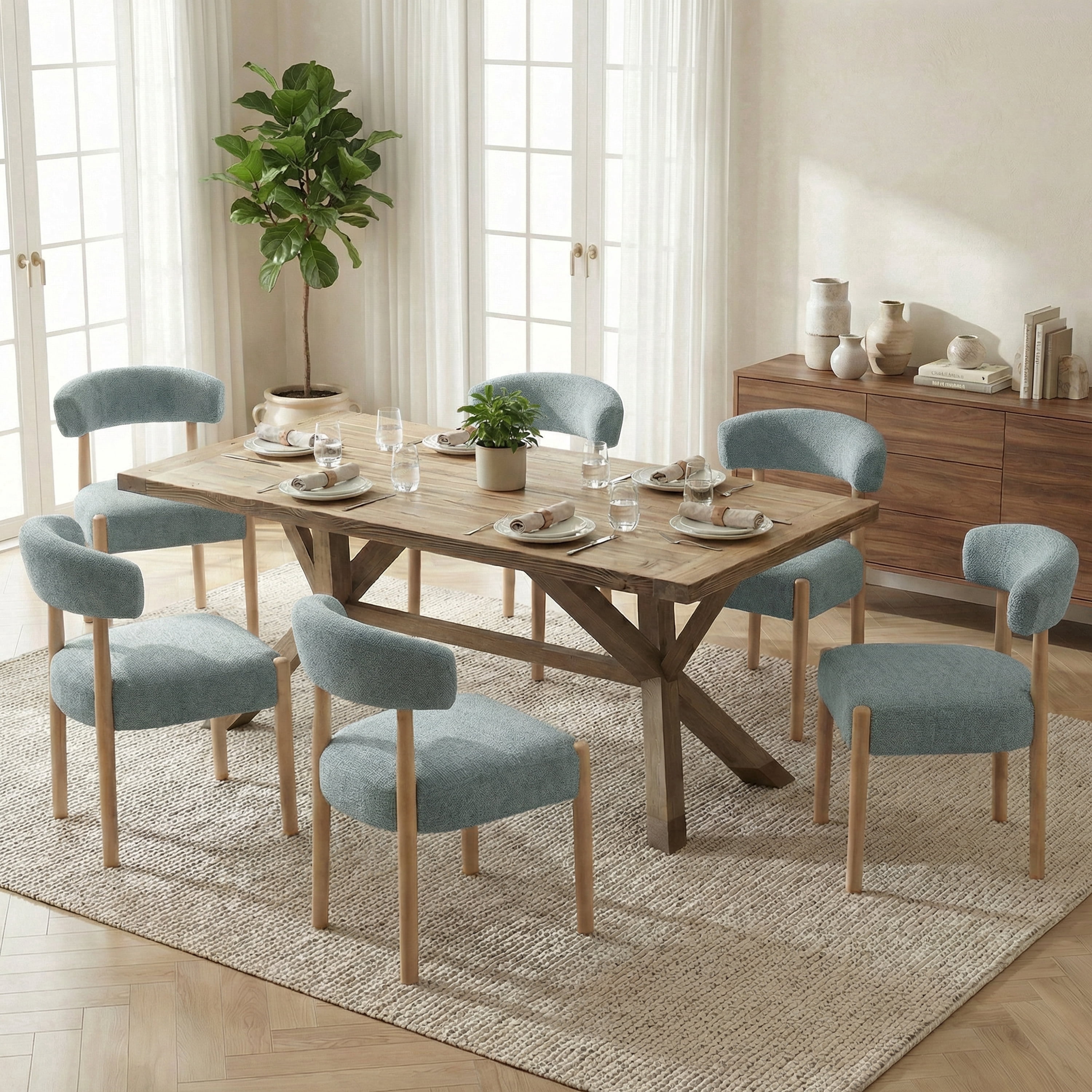 Vknow Furniture Minimalist Fabric Dining Chairs Set of 6 Solid Wood Legs Ergonomic Backrest for Dining Room Bedroom Study, Blue